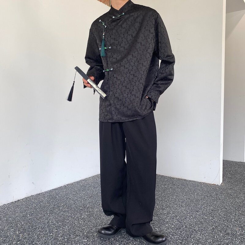 秋新中式缎面提花盘扣立领长袖男女衬衣流苏压襟风衬衫190P105,男装衬衫,星座901-1（原C217）