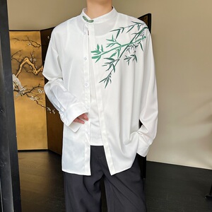 秋季中式立领盘扣长袖男女衬衣潮流复古印花竹叶缎面衬衫176P75图片