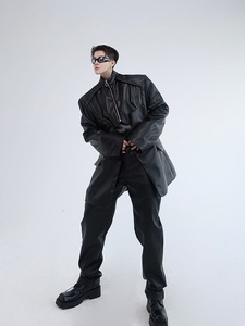 春季薄款皮衣男立领拼接潮流男皮衣外套时髦个性痞帅西服121P155图片