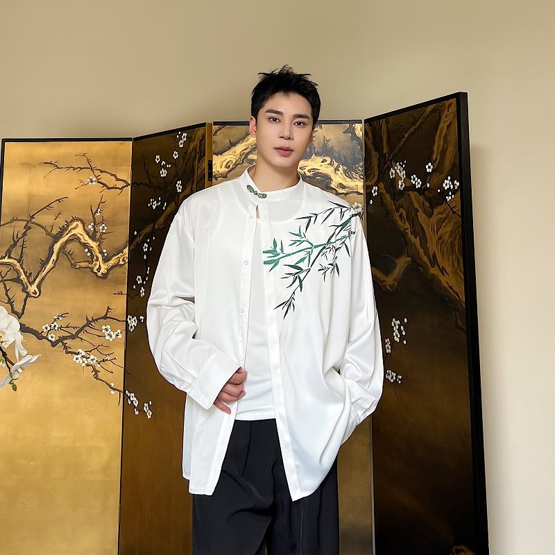 秋季中式盘扣立领长袖男女衬衣潮流复古缎面印花竹叶衬衫176P75，男装衬衫，星座901-1（原C217）