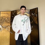秋季中式盘扣立领长袖男女衬衣潮流复古缎面印花竹叶衬衫176P75，男装衬衫，星座901-1（原C217）
