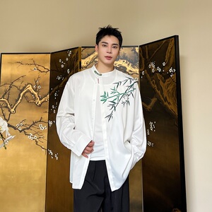 秋季中式盘扣立领长袖男女衬衣潮流复古缎面印花竹叶衬衫176P75,男装衬衫,星座901-1（原C217）