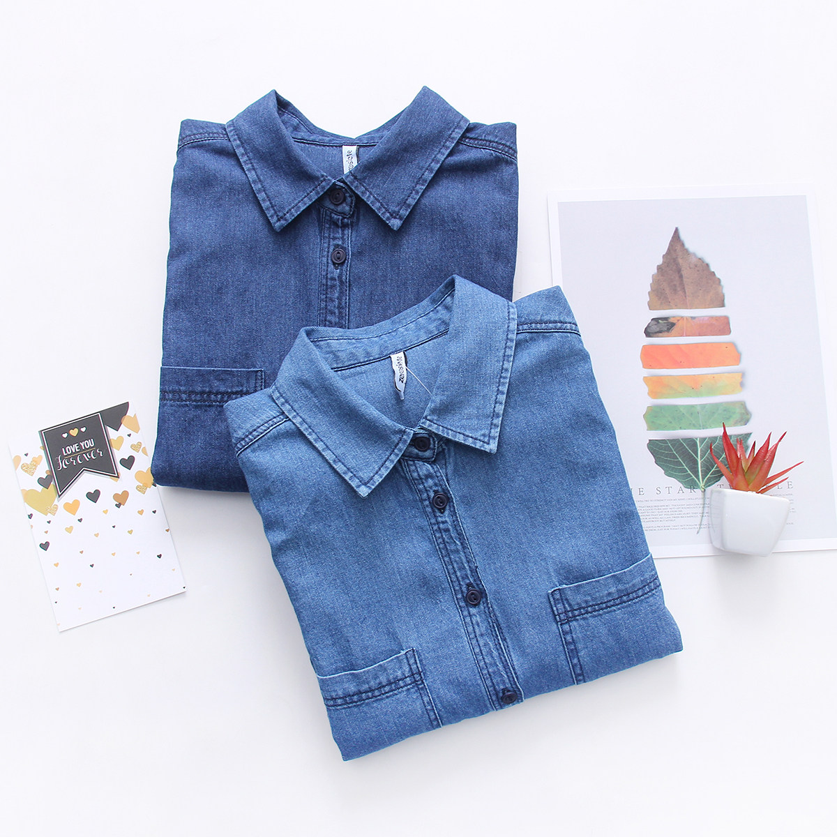 早春新款工作服修身风牛仔衬衫