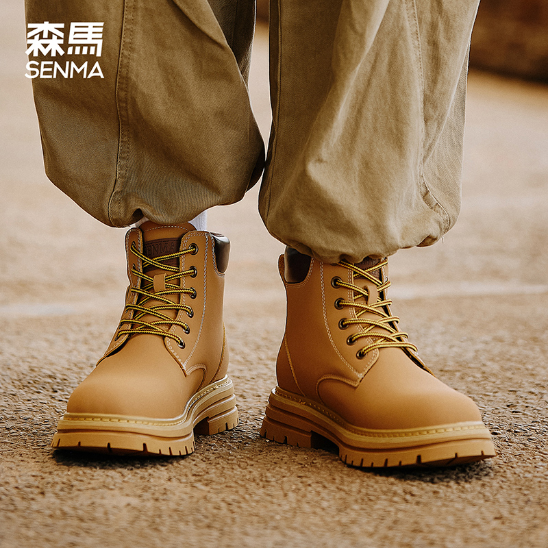 森马马丁靴男2025新款青少年冬季加绒加厚保暖复古短筒高帮大黄靴