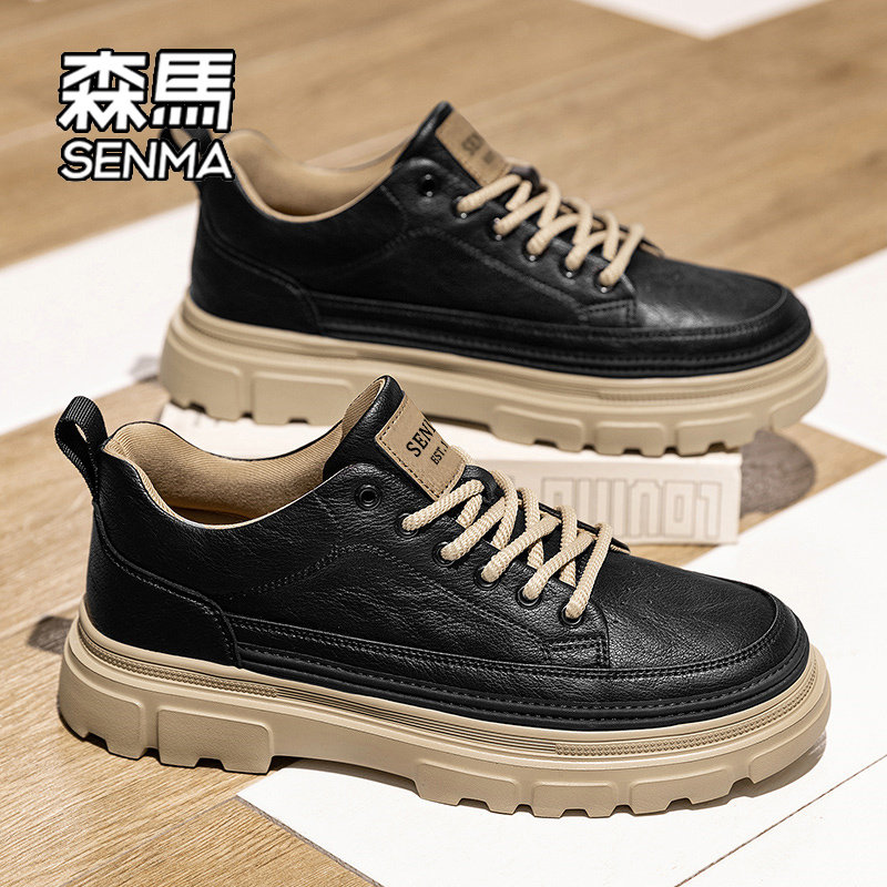 森马男鞋2026新款春季爆款黑色皮鞋轻便复古厚底百搭男士工装鞋W
