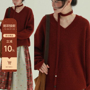 女 系带v领毛衣复古文艺舒适简约百搭针织衫 稀有RARE 森林漫步