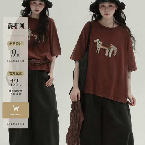 稀有RARE 小马刺绣短袖文艺复古休闲简约圆领T恤宽松落肩袖上衣女