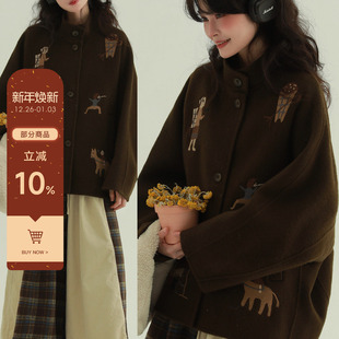 立领大衣秋冬文艺复古毛呢外套女 刺绣蝙蝠袖 稀有RARE 童话手帐