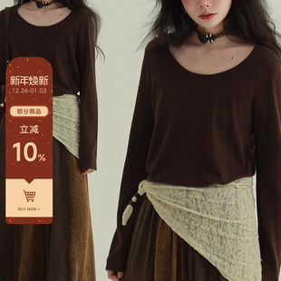 上衣女 文艺复古休闲小众设计长袖 稀有RARE 搭配王者U领针织打底衫