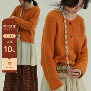 稀有RARE 圆领扣子卷边毛衣秋冬复古文艺舒适简约百搭休闲上衣女