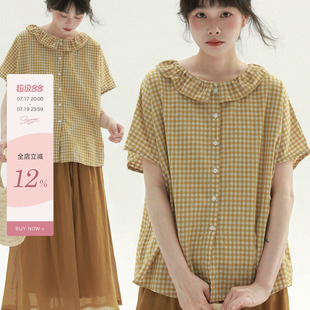 稀有RARE“田园”花边领格子衬衫日系森女风短袖衬衫休闲百搭上衣