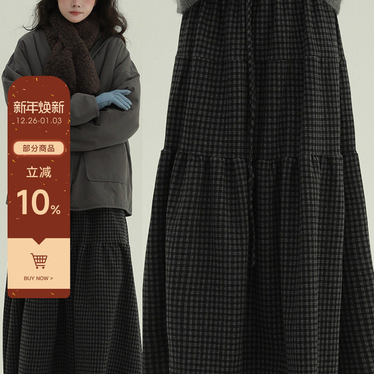 稀有RARE“冬日小温泉"加厚格子蛋糕裙复古文艺休闲减龄半身裙女