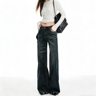 子直筒拖地裤 女微胖女生裤 子 潮酷复古低腰宽松显瘦微喇牛仔裤 美式