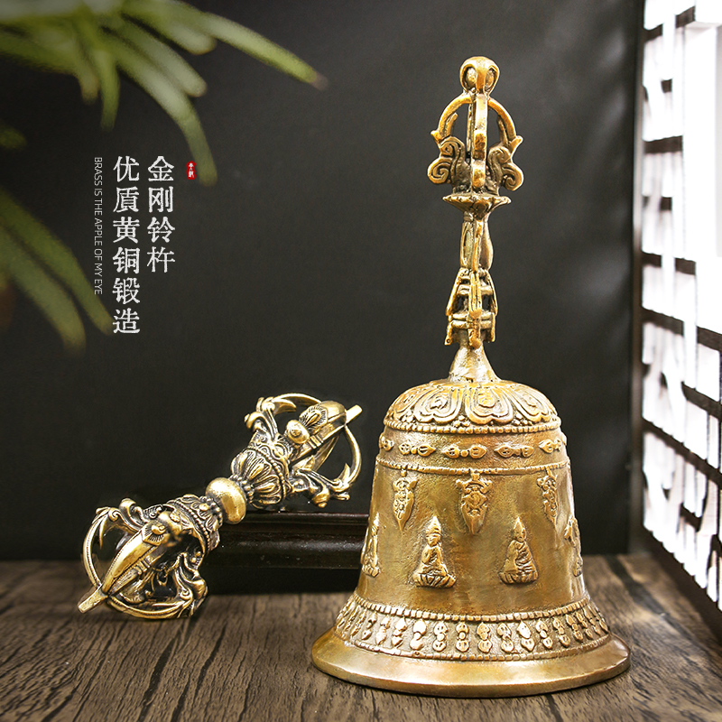 促销铜金刚杵金刚铃一套 五股金刚杵铃 手工雕花铜摇铃回音长久纯