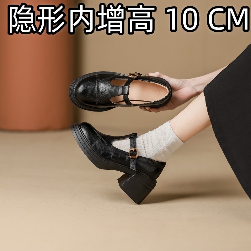 内增高玛丽珍女鞋10cm粗跟真皮隐形33小个子一字扣单鞋工作乐福鞋