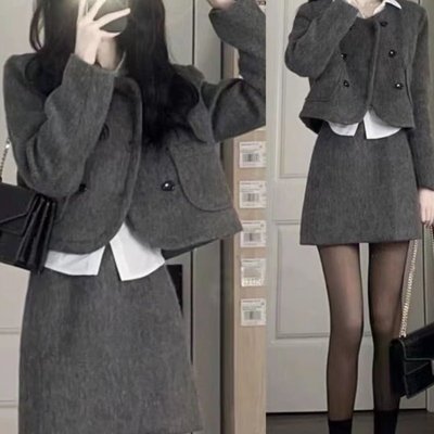 小香风新中式韩版毛呢套装裙新款气质小个子短款外套半身裙两件套
