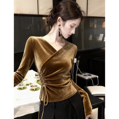 咖色抽绳丝绒上衣2025冬季气质高级感巨好看法式小资收腰内搭衬衫