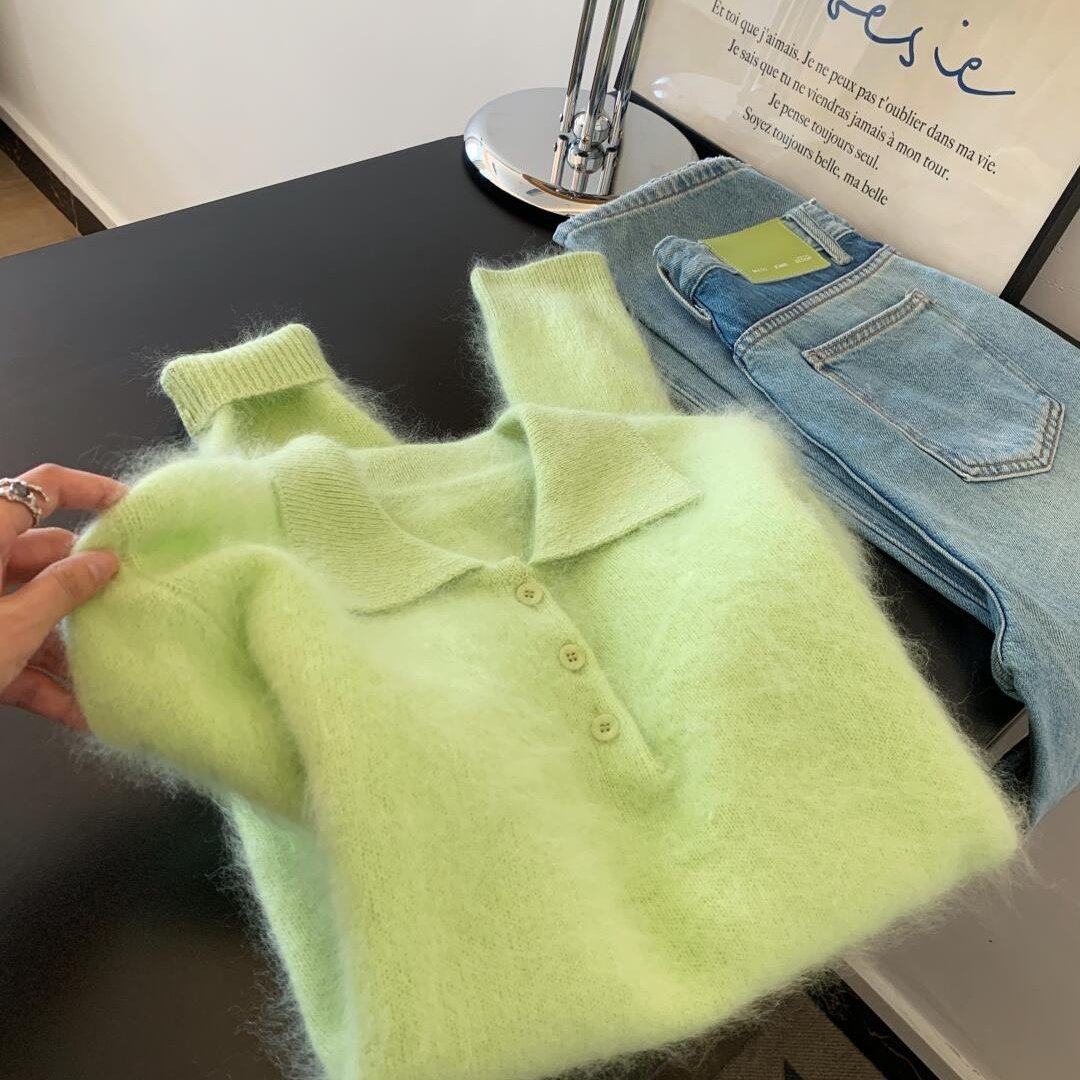 苹果绿Polo领慵懒毛绒感毛衣女秋冬厚实软糯针织衫小清新减龄上衣