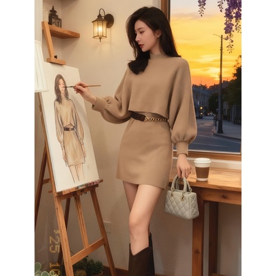 法式气质收腰两件套咖色背心针织连衣裙女秋卡其色短款小个子针织