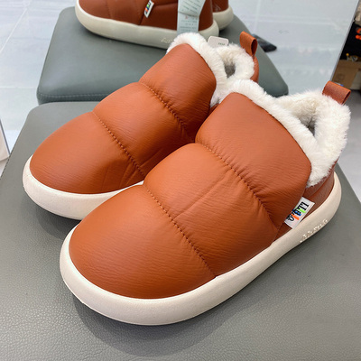 棉拖鞋女士包跟冬季防水PU皮面室内家居家外穿保暖防滑厚底雪地靴