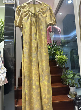 C25-88018 飘带圆领高腰弹力提臀修身黄花中长洋气连衣裙夏装
