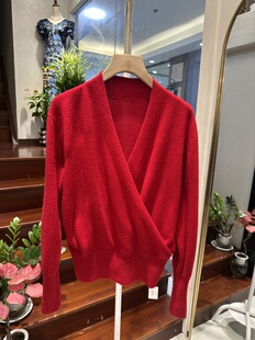 大红色上衣 收腰毛衣开衫 欧洲站202极简风V领交叉设计针织衫 女长袖