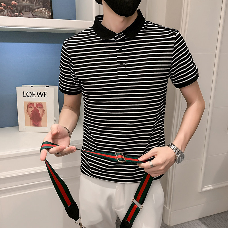2023夏季条纹精神小伙短袖POLO衫社会青年上衣潮D326-16838P55,男装Polo衫,星座1101