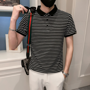 2024夏季条纹精神小伙短袖POLO衫社会青年上衣潮D326-1 6838 P55图片