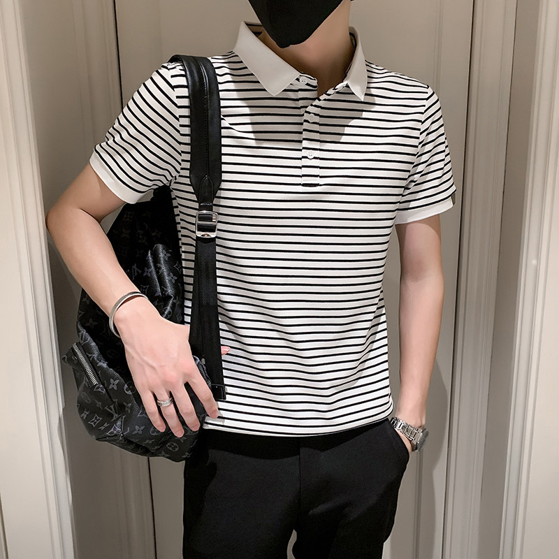 2023夏季条纹精神小伙短袖POLO衫社会青年上衣潮D326-16838P55,男装Polo衫,星座1101