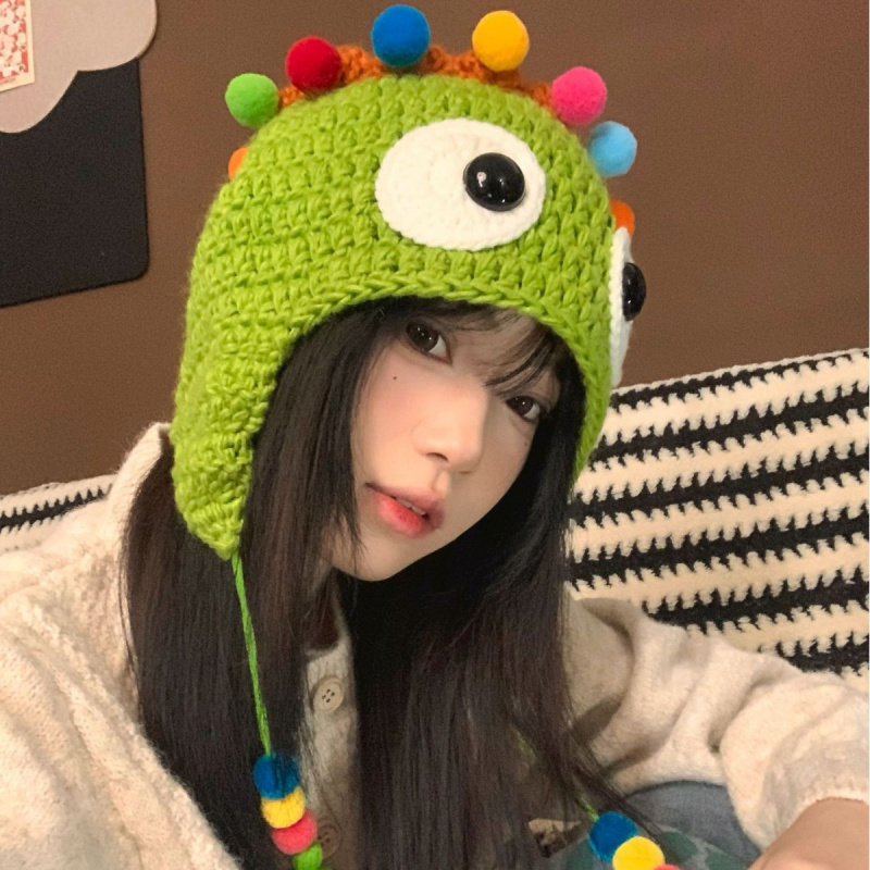 搞怪可爱彩色球球针织毛线帽女秋冬季百搭防寒保暖护耳套头帽子