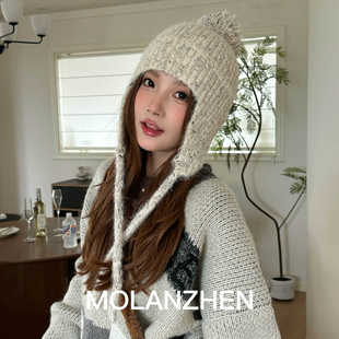 2025热销韩版羊毛针织护耳帽女生可爱毛球点点套头帽秋冬飞行帽保