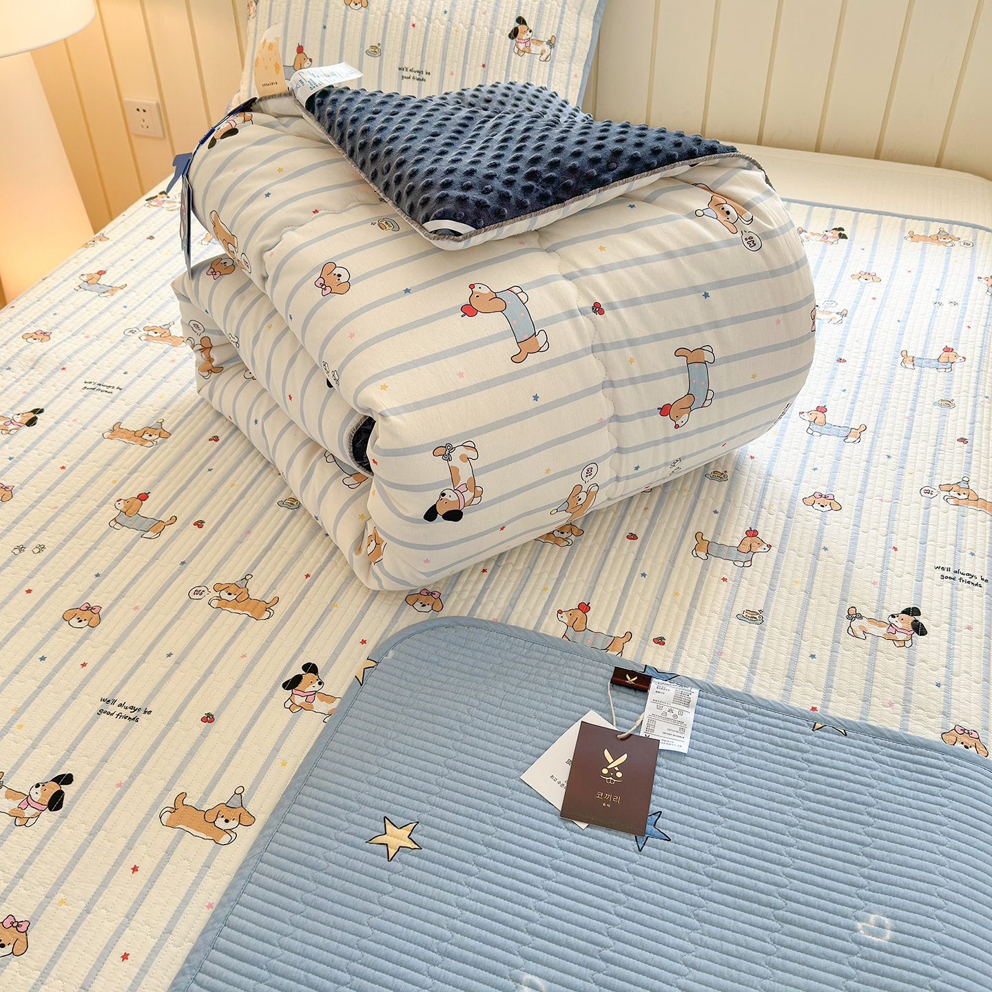 韩系小清新双面全棉床盖三件套