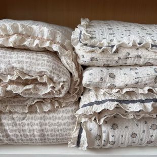 法式 被双人可水洗秋冬被 全棉纱布春秋被2米四件套皱皱纱花边四季