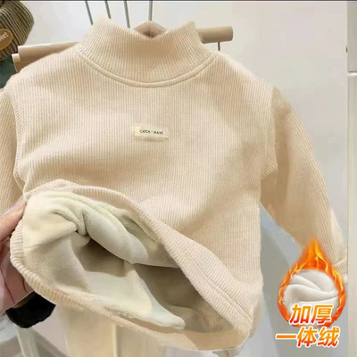 秋冬装男童女童加绒加厚德绒保暖打底衫儿童2025新款长袖T恤上衣