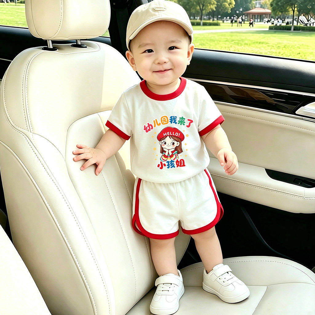 男童女孩幼儿园教师节趣味印花套装夏季短袖宝宝夏装休闲运动衣服