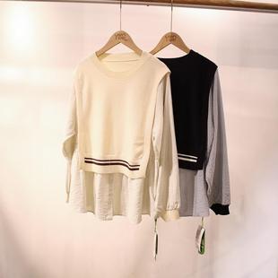 爱美妈咪春秋款假两件拼接套头针织衫滑爽垂坠显瘦人棉线衫82H115