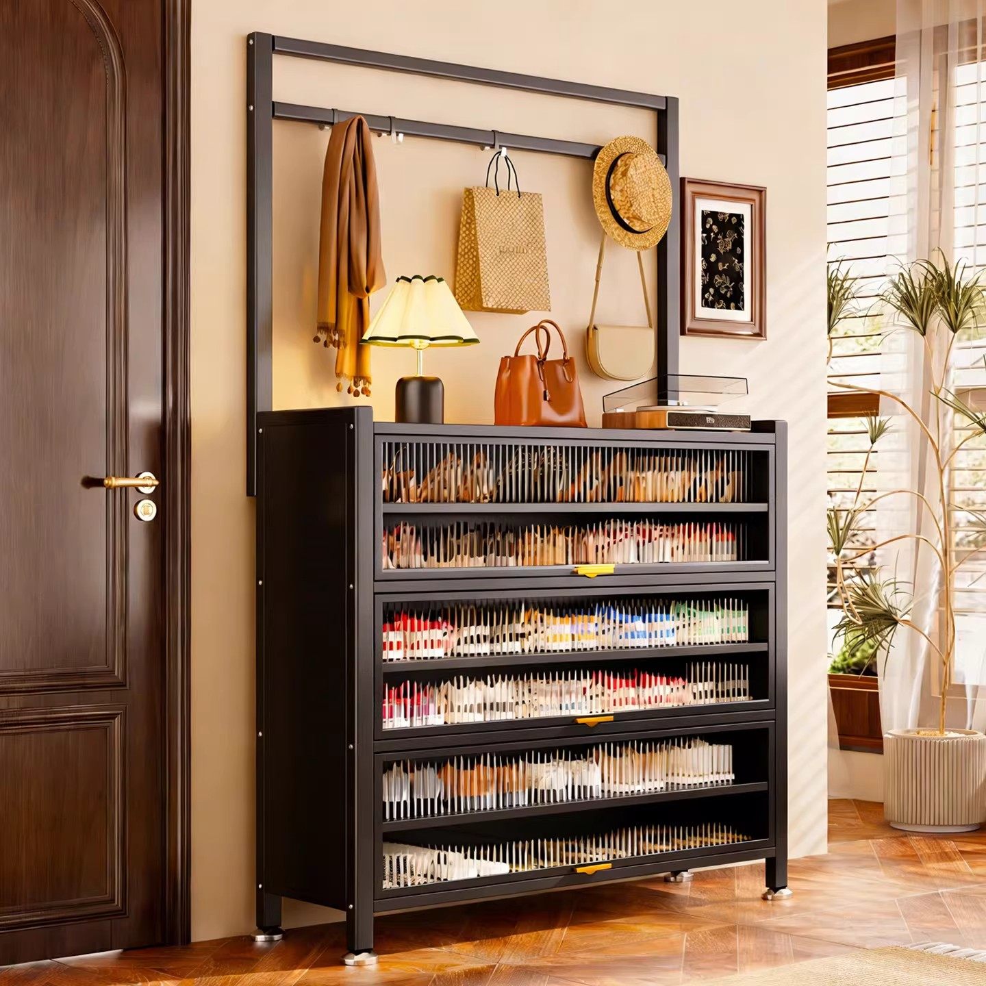 家用门口钢制鞋柜入户玄关简易衣帽架新款一体靠墙收纳柜多层鞋架,住宅家具,鞋架,淘宝优惠券,粉丝福利购,淘宝优惠卷