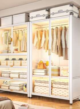 钢制家用衣柜出租房衣架客厅金属铁艺收纳柜简易衣橱阳台储物柜子