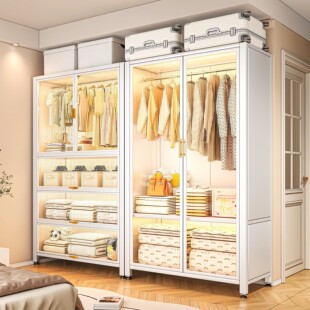 钢制家用衣柜出租房衣架客厅金属铁艺收纳柜简易衣橱阳台储物柜子