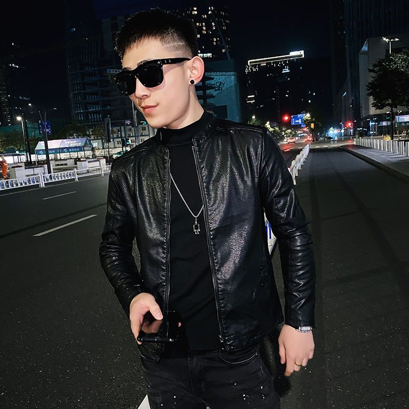 2024秋冬季加绒加厚皮衣修身立领纯色机车风外套时尚百搭炸街夹克