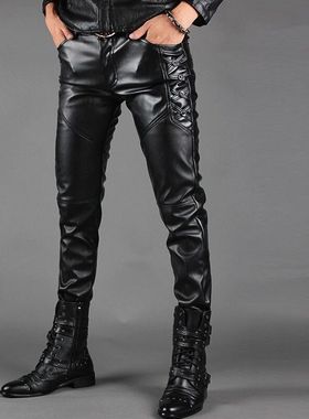 百搭男士皮裤加薄绒韩版修身款潮秋冬款休闲修身机车小脚裤黑色长