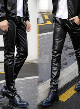 23冬季新款男士皮裤韩版修身机车紧身小脚裤弹力加绒黑色皮裤子潮