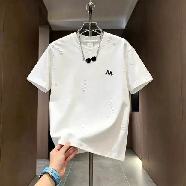 夏季新款破洞时尚短袖t恤男士潮流别针个性宽松透气休闲半袖体恤
