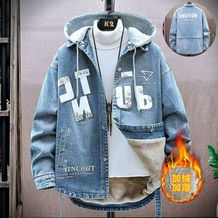 青少年冬季加绒牛仔外套12岁男孩13初中学生14加厚棉衣15大童冬装