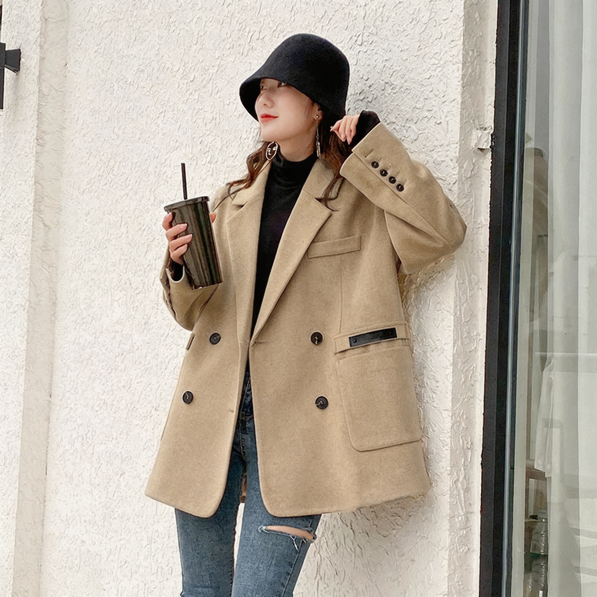 毛呢西装外套女加厚新款秋冬气质英伦风高级感宽松中长款呢子大衣