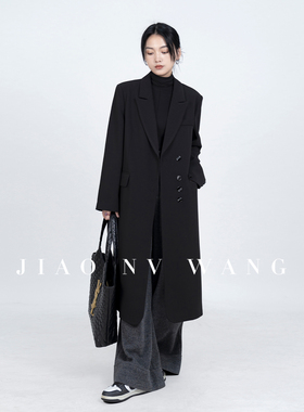 长款黑色西装外套女秋冬夹棉加厚保暖大衣老钱风正肩直筒h型风衣