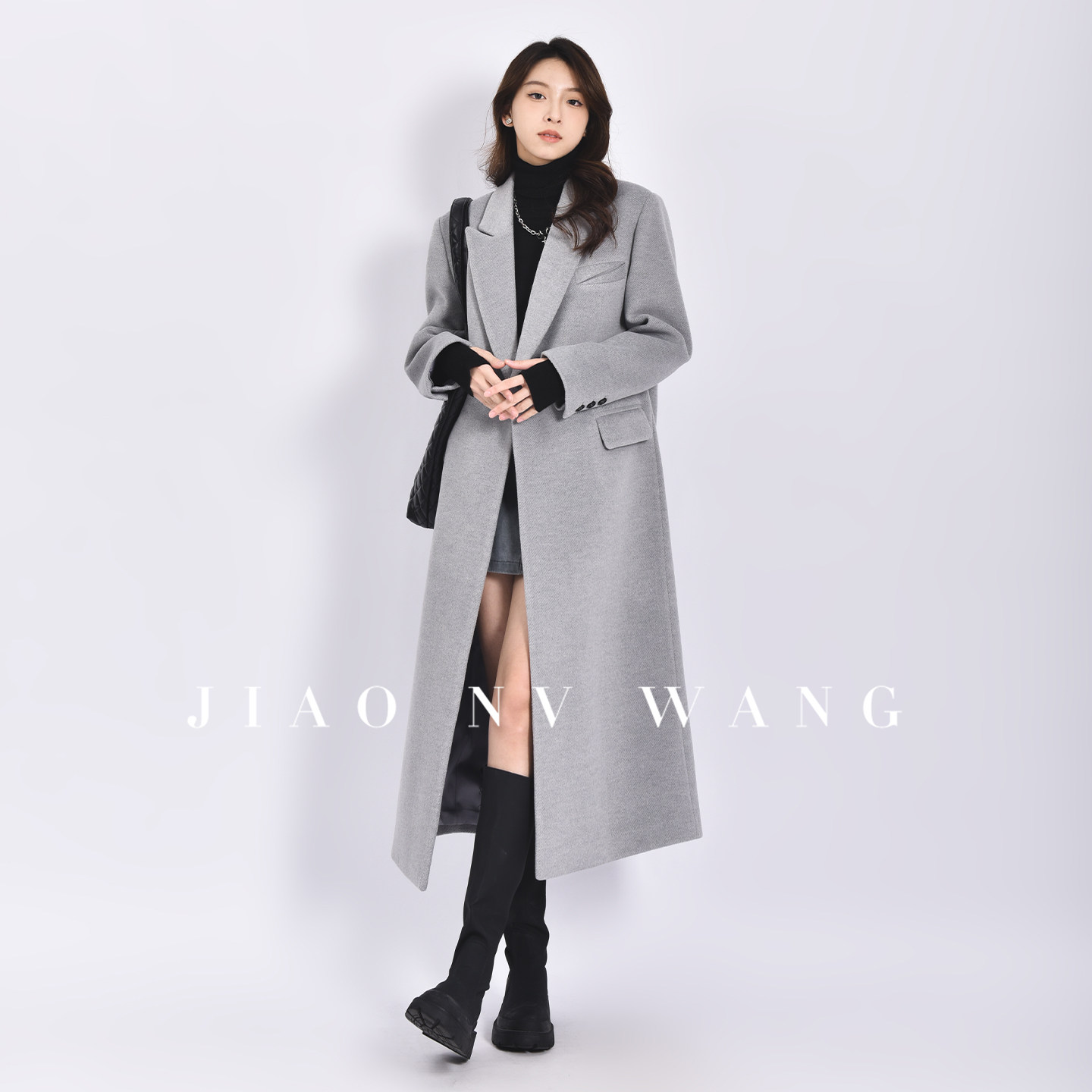 娇女王长款毛呢西装大衣