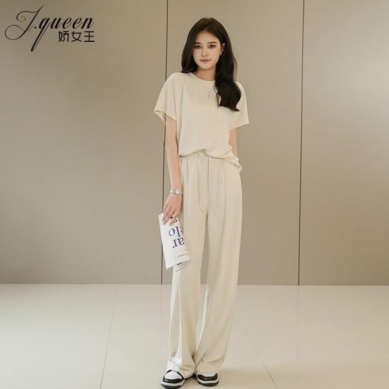 阔腿裤运动套装女夏季新款短v袖T恤衫薄款宽松时尚休闲百搭两件套