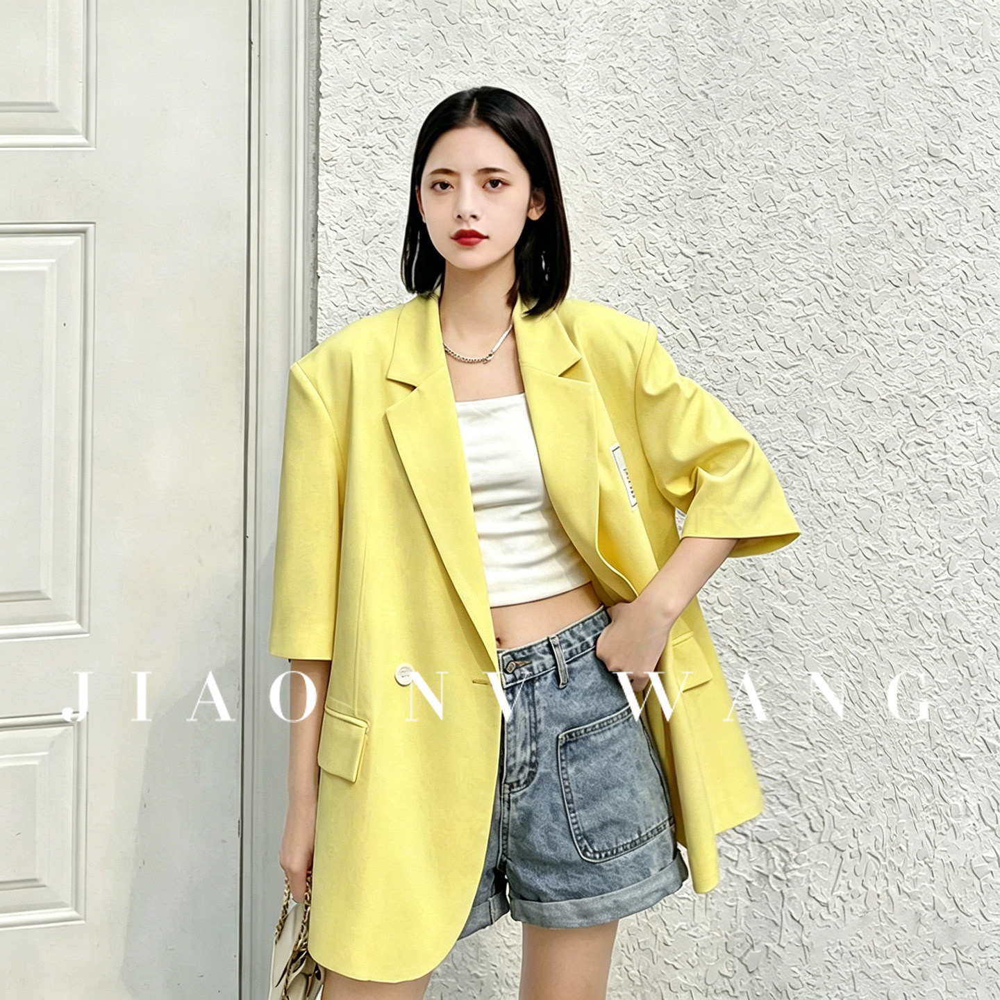 黄色短袖西装外套女夏季新款时尚网红炸街高级感小个子中袖小西服