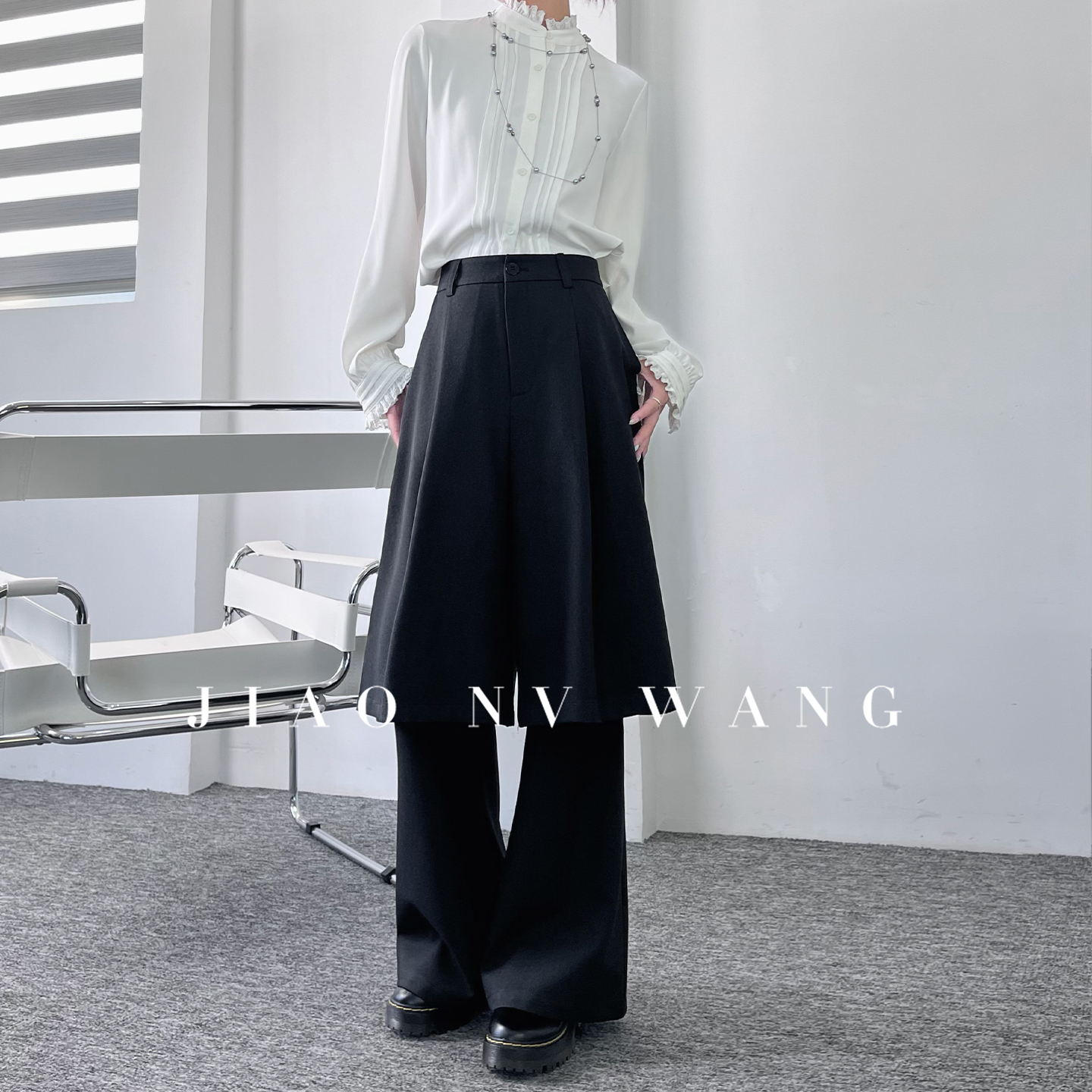 娇女王叠穿小众假两件阔腿裤女